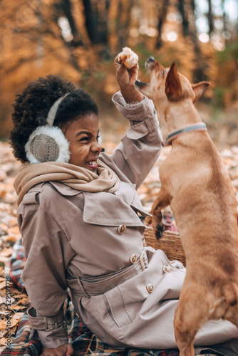 Cute African-American girl plays with a dog on a picnic in the autumn park.Diversity,autumn concept.Selective focus.