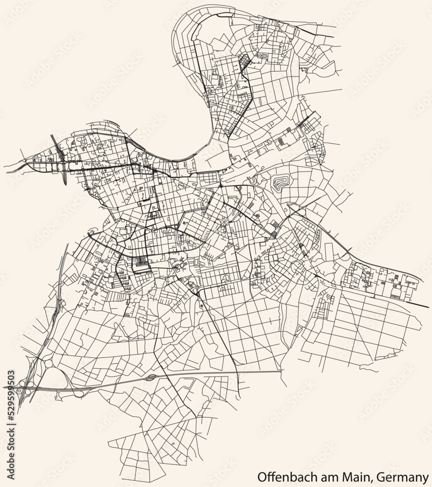 Detailed navigation black lines urban street roads map of the German regional capital city of OFFENBACH AM MAIN, GERMANY on vintage beige background