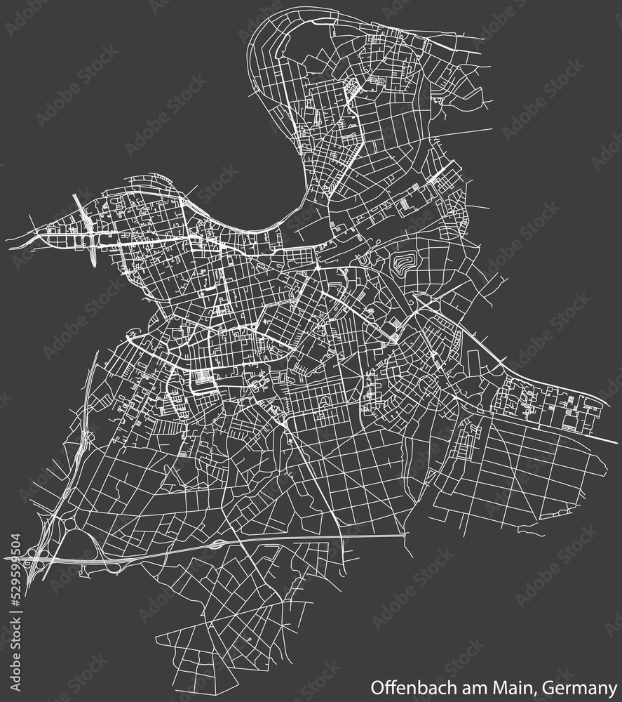 Detailed negative navigation white lines urban street roads map of the German regional capital city of OFFENBACH AM MAIN, GERMANY on dark gray background
