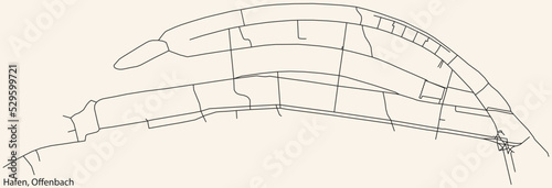 Detailed navigation black lines urban street roads map of the HAFEN DISTRICT of the German regional capital city of Offenbach am Main, Germany on vintage beige background