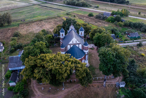 aerial view on baroque temple or catholic church in countryside