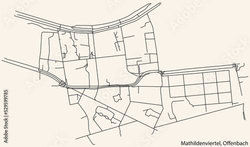 Detailed navigation black lines urban street roads map of the MATHILDENVIERTEL DISTRICT of the German regional capital city of Offenbach am Main, Germany on vintage beige background