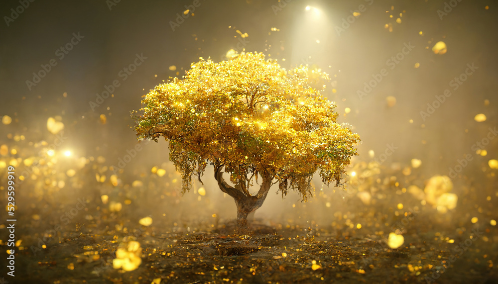 Golden tree fantasy illustration. Beautiful abstract background Stock  Illustration