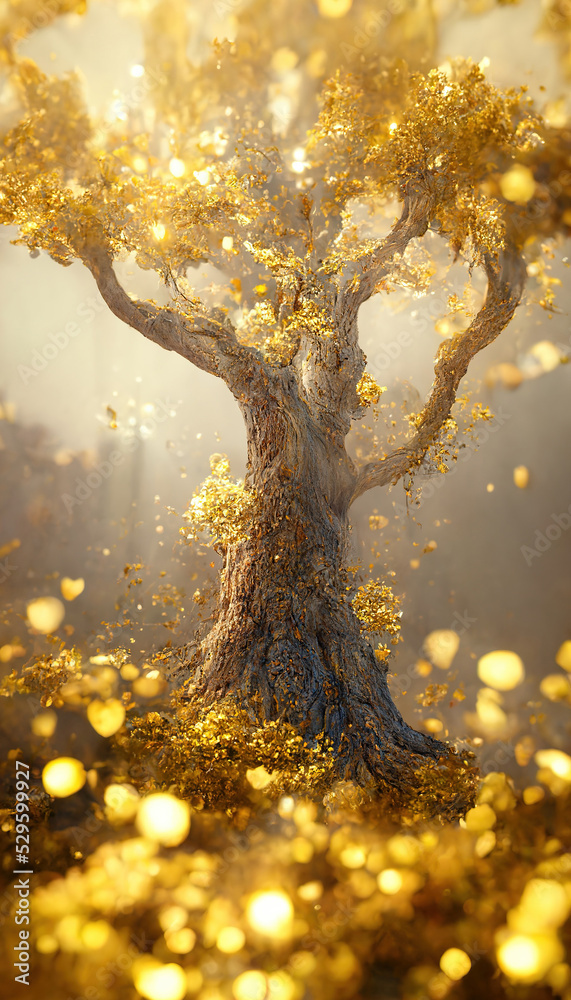 Golden tree fantasy illustration. Beautiful abstract background Stock  Illustration