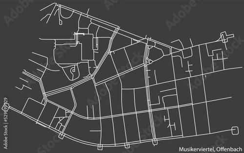 Detailed negative navigation white lines urban street roads map of the MUSIKERVIERTEL DISTRICT of the German regional capital city of Offenbach am Main, Germany on dark gray background