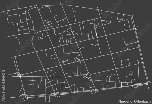 Detailed negative navigation white lines urban street roads map of the NORDEND DISTRICT of the German regional capital city of Offenbach am Main, Germany on dark gray background photo