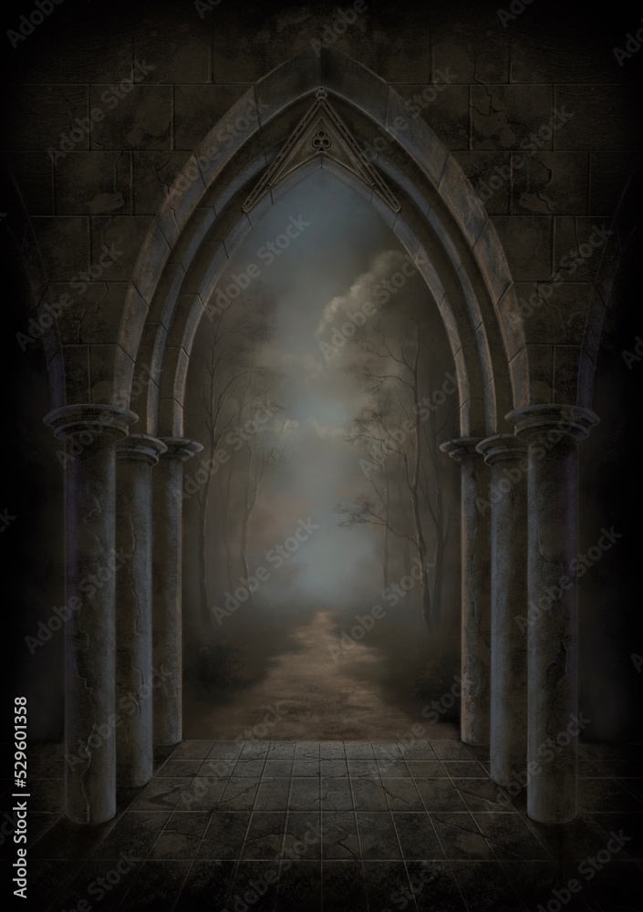 Gothic gateway in to a dark forest. Book cover design. Free-hand digital painting. Not AI