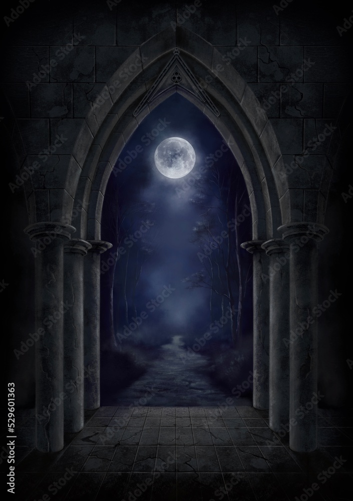 Gothic gateway in to dark forest with a full moon. Book cover design