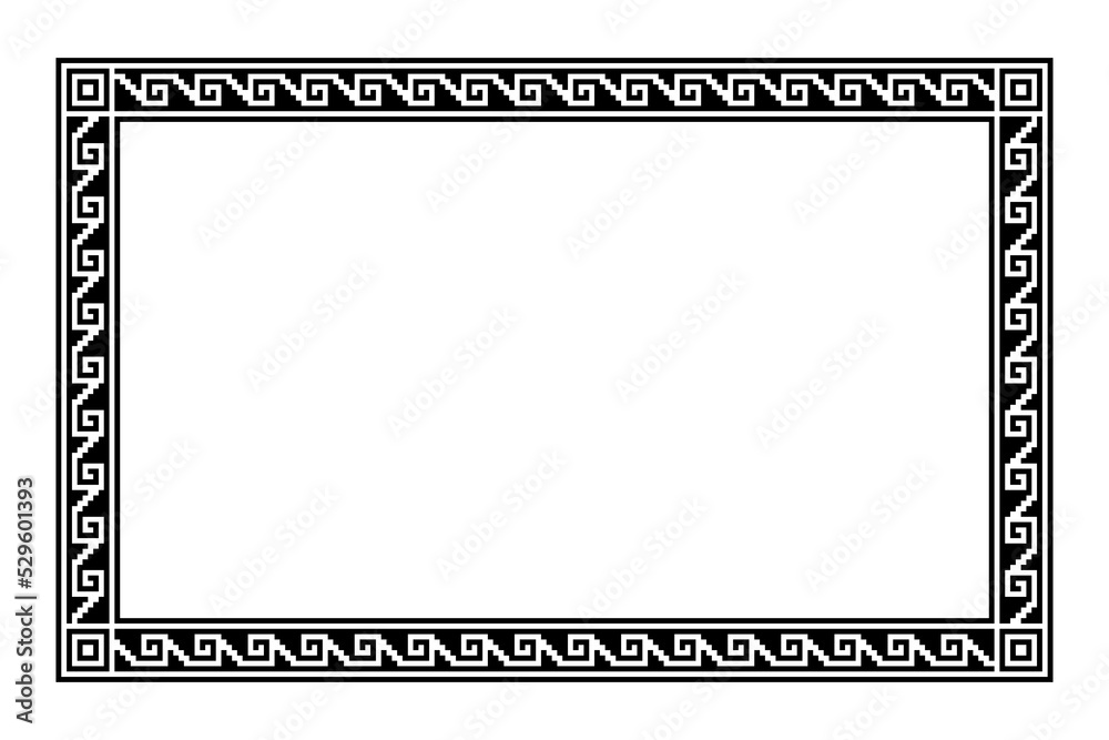 Aztec stepped fret motif, rectangle frame with meander pattern. Border made of steps, seamlessly connected to a spiral, similar to a Greek key. Also referred to as step fred design or Xicalcoliuhqui.
