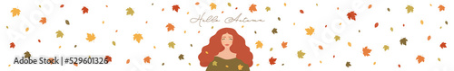 Banner JPG, Hello Autumn, welcome Fall, Hello Fall, young red-haired woman with freckles joyfully welcoming autumn, looking up at falling tree leaves (red, yellow, orange, green leaves)
