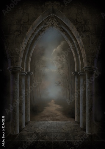 Gothic gateway in to a dark forest. Book cover design. Free-hand digital painting. Not AI