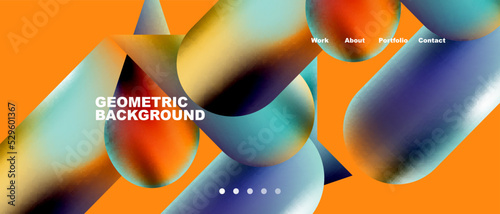 Glassmorphism landing page background template. Colorful glass shapes with metallic effect abstract composition for wallpaper, banner, background