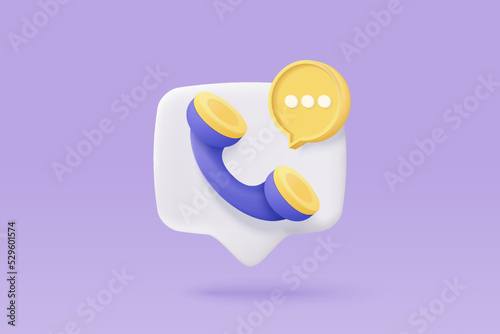 3d minimal icon call phone and bubble talk on purple background. Talking with service support hotline and call center concept. 3d telephone icon vector render illustration for contact customer