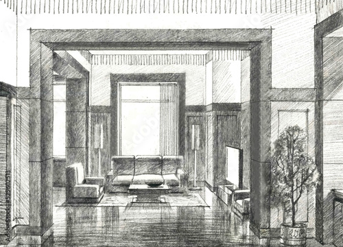 Pencil sketch of the interior of a public building. Hand drawing, illustration