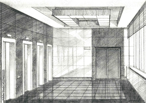 Pencil sketch of the interior of an elevator lobby Hand drawing, illustration
