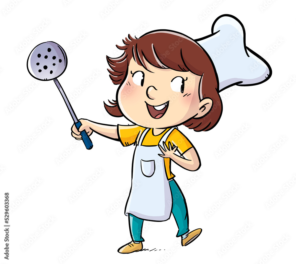 Illustration of cook girl with skimmer in hand Illustration of cook girl with skimmer in hand