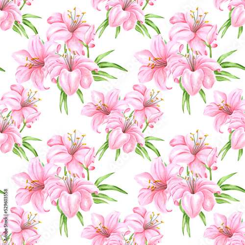 Handdrawn lily flowers seamless pattern. Watercolor pink lily on the white background. Scrapbook design, typography poster, label, banner, textile.