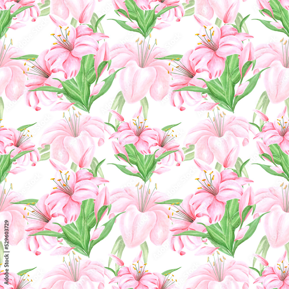 Handdrawn lily flowers seamless pattern. Watercolor pink lily on the white background. Scrapbook design, typography poster, label, banner, textile. Handdrawn lily flowers seamless pattern. Watercolor pink lily on the white background. Scrapbook design, typography poster, label, banner, textile.