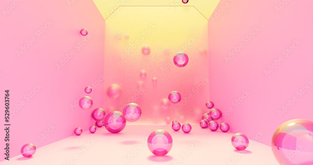 3d rendering. Abstract image of a bright room with glass balls on a background of translucent glass.