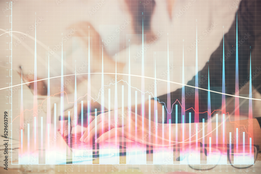 Multi exposure of woman hands typing on computer and financial graph hologram drawing. Stock market analysis concept. Multi exposure of woman hands typing on computer and financial graph hologram drawing. Stock market analysis concept.