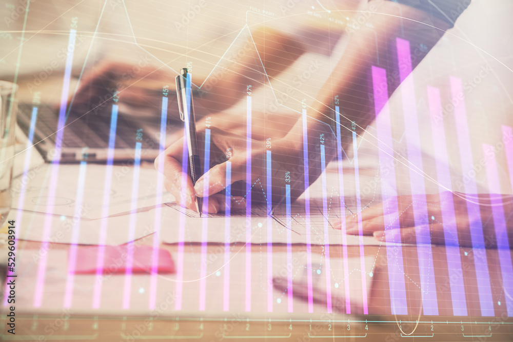 Multi exposure of woman hands typing on computer and financial chart hologram drawing. Stock market analysis concept. Multi exposure of woman hands typing on computer and financial chart hologram drawing. Stock market analysis concept.