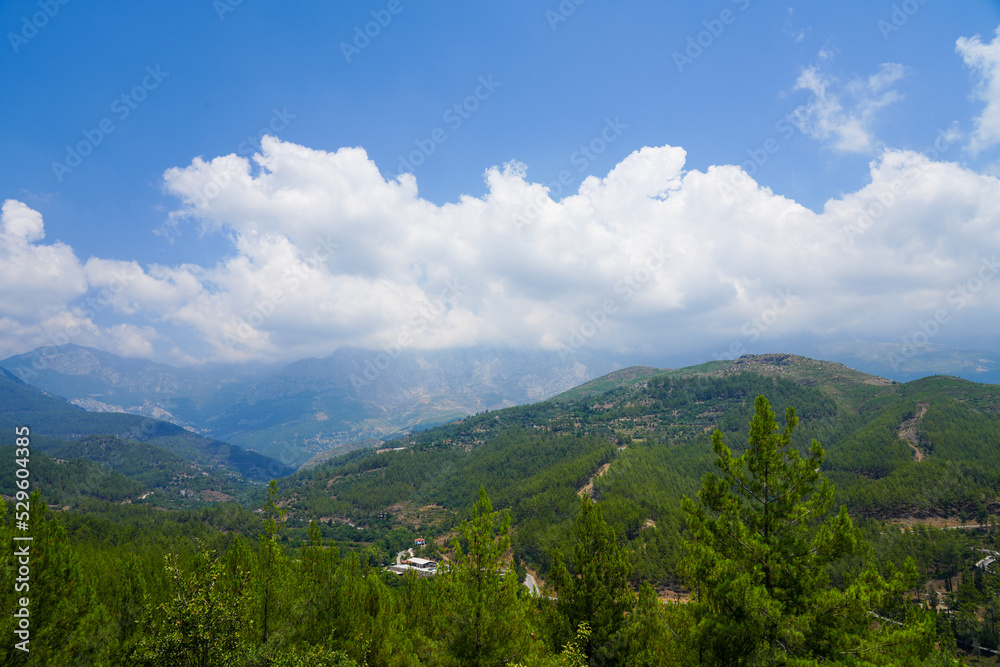 View of the Taurus Mountains in Turkey. Green landscape with mountains and valleys.