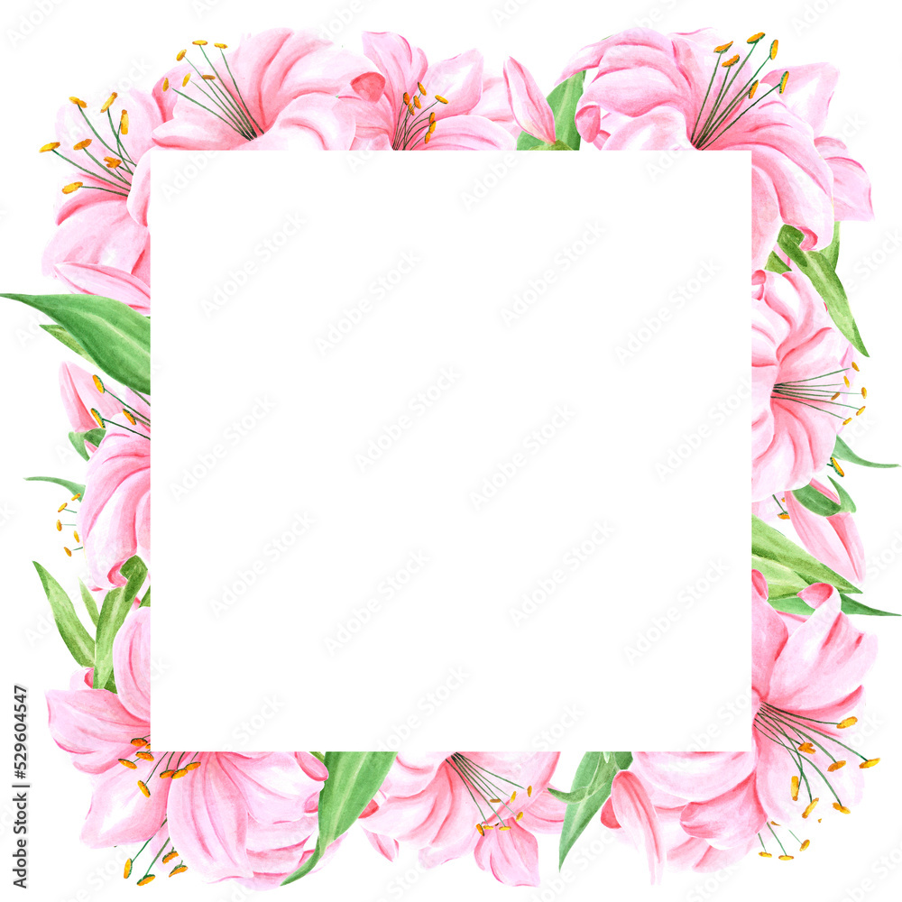 Handdrawn lily flowers frame boarder. Watercolor pink lily on the white background. Scrapbook design, typography poster, label, banner. Handdrawn lily flowers frame boarder. Watercolor pink lily on the white background. Scrapbook design, typography poster, label, banner.