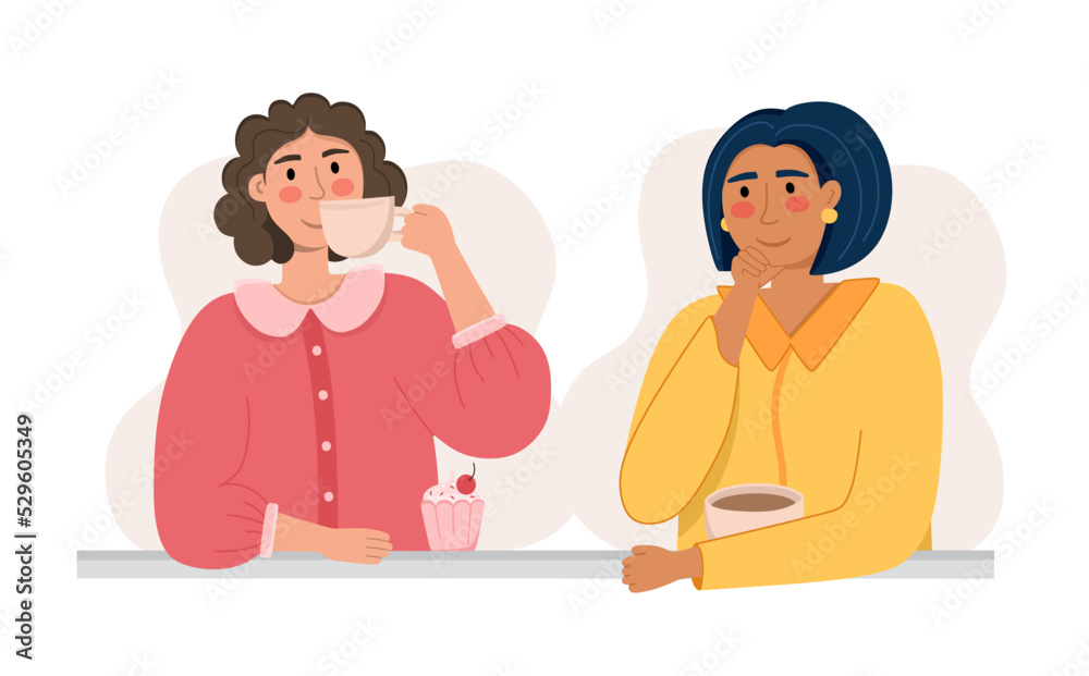 Girls are talking over a cup of coffee The concept of a coffee shop and coffee lovers. Vector illustration in a flat style Girls are talking over a cup of coffee The concept of a coffee shop and coffee lovers. Vector illustration in a flat style