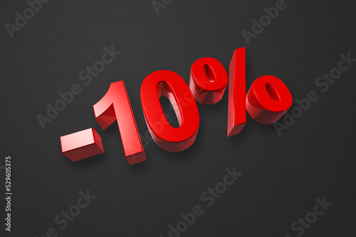 10% off discount offer. 3D illustration isolated on black. Promotional price rate