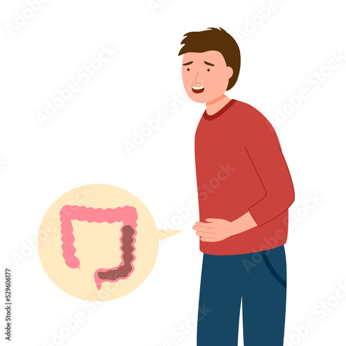 Young man suffering from constipation symptom in flat design on white background.