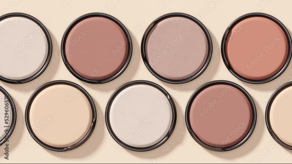 Slow motion Closeup Eye shadow shade palette set collection slide on top view color background. Packaging for cream, gel, serum, advertising and product promotion. 3D Animation. Slow motion Closeup Eye shadow shade palette set collection slide on top view color background. Packaging for cream, gel, serum, advertising and product promotion. 3D Animation.