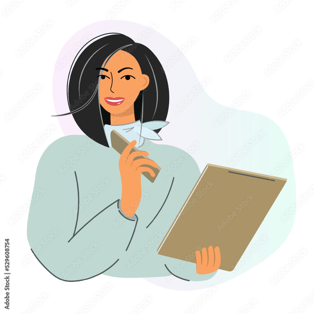 Psychologist close-up. A business woman holds a tablet and a mobile phone in her hands. Cute girl works with documents. Isolated vector illustration. People of different professions. Web page templat Psychologist close-up. A business woman holds a tablet and a mobile phone in her hands. Cute girl works with documents. Isolated vector illustration. People of different professions. Web page templat