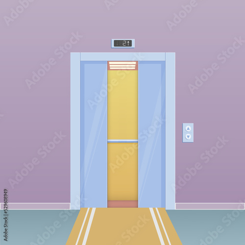 Flat cartoon color illustration of elevator with open doors 