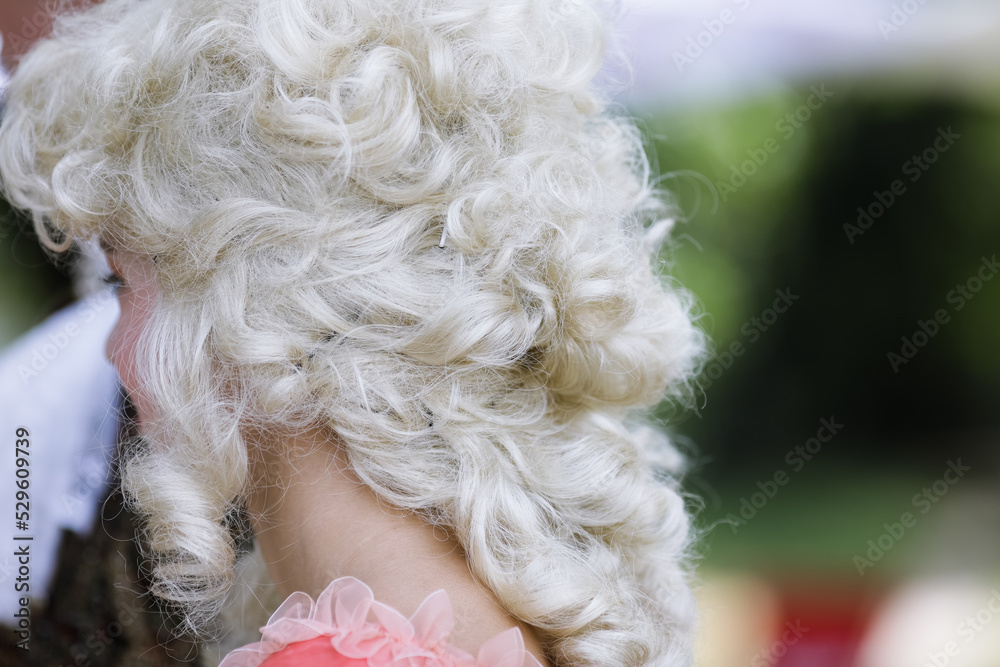 Shallow depth of field (selective focus) details with a vintage blonde wig on the head of a model. Shallow depth of field (selective focus) details with a vintage blonde wig on the head of a model.