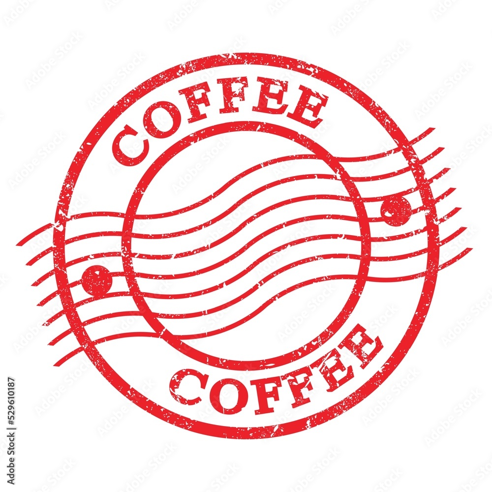 COFFEE, text written on red postal stamp. COFFEE, text written on red postal stamp.