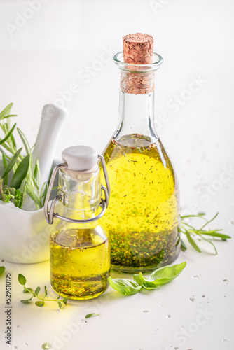Delicious and healthy oil with virgin olive oil and herbs.