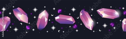 Magic seamless vector border with butterflies, constellations, crystals and stars. Graphic pattern for astrology, esoteric, tarot, mystic, magic. Luxury elegant design.