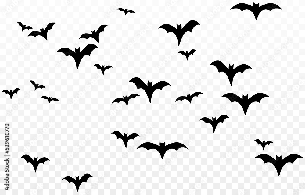 Vector set of bats on an isolated transparent background. Silhouette of bats PNG. Halloween bats PNG. Black bats. - obrazy, fototapety, plakaty 