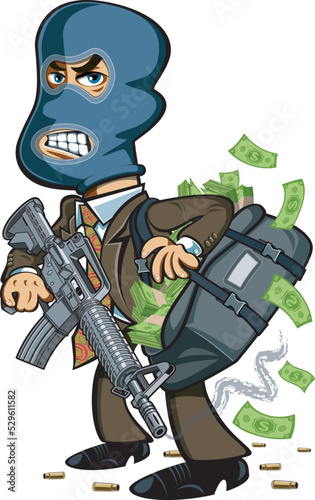 Cartoon style bank robber wearing balaclava mask holding assault rifle at bag full of money