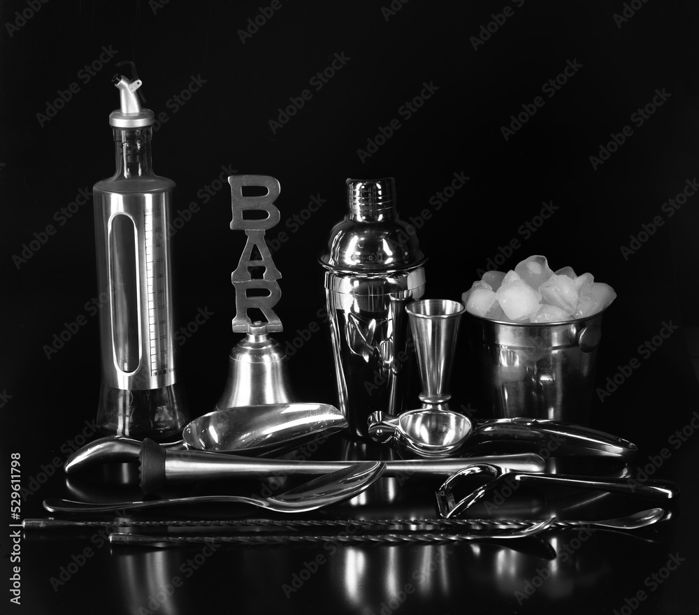 bar accessories for drinks isolated on black background bar accessories for drinks isolated on black background