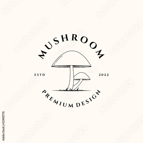 mushroom line art vintage logo vector minimalist illustration design, grow mushroom logo design