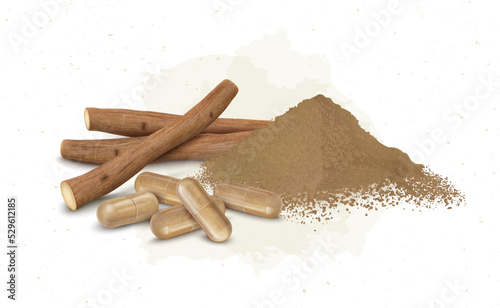 Ashwagandha Ayurvedic herbs dry stems with ashwagandha powder and capsule vector illustration