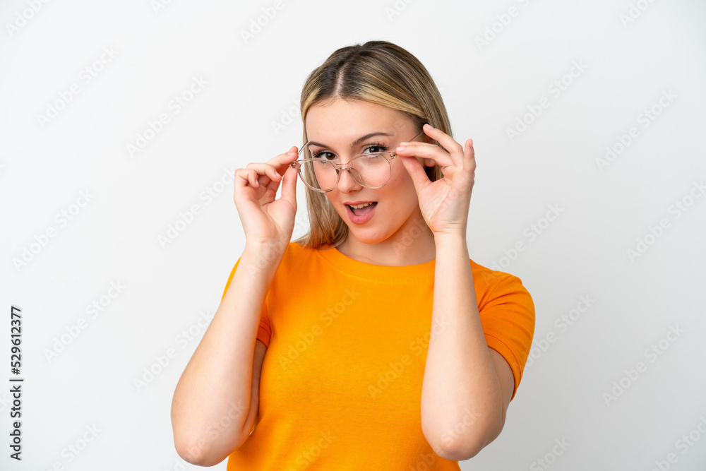 Young caucasian woman isolated on white background With glasses with happy expression Young caucasian woman isolated on white background With glasses with happy expression