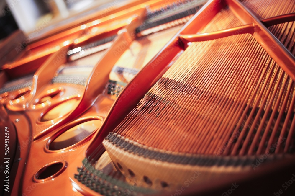 Inside a grand piano, strings closeup Inside a grand piano, strings closeup