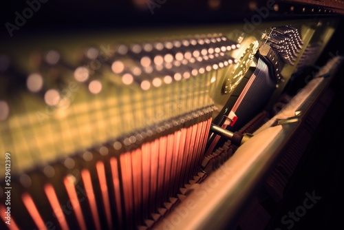 Photo Inside an upright piano, strings and hammers closeup