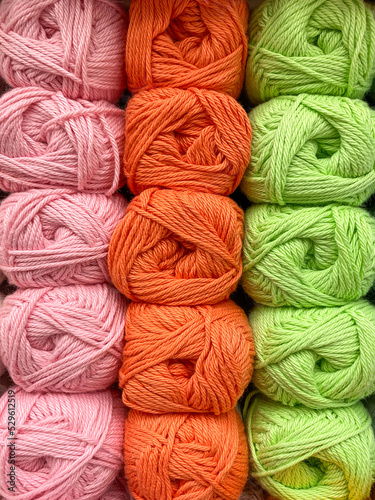 Yarn for knitting, colored yarn on display. DIY knitting hobby