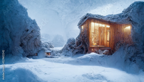House made of snow, wooden windows and doors. Fantasy house, winter landscape with snow. Light from the window. 3D illustration.