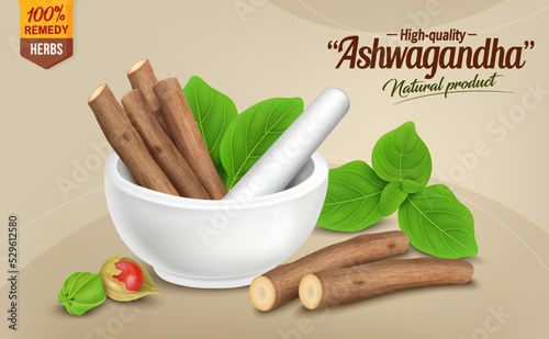 Ashwagandha shrub dry sticks with green leaves in Marble Mortar or ayurvedic crusher vector illustration