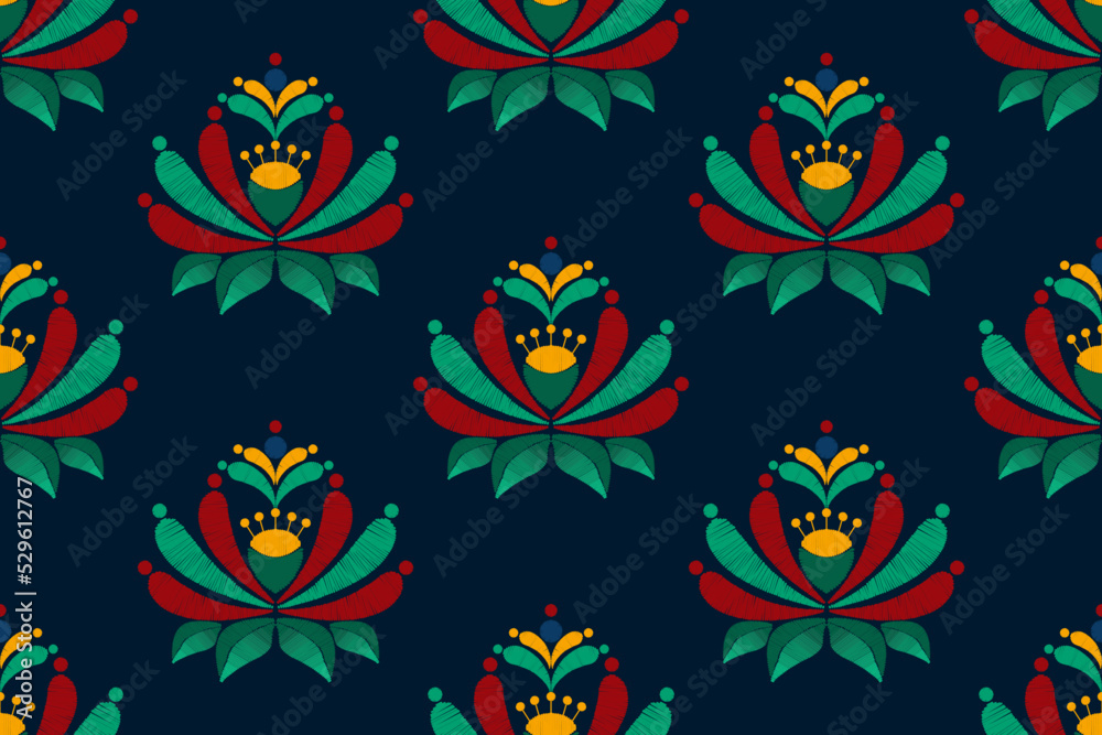 Floral ikat ethnic seamless pattern home decoration design. Aztec fabric carpet boho mandalas textile decor wallpaper. Tribal native motif flower decorative traditional embroidery vector background 