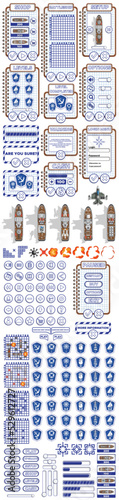 Sea battle. Design of the game user interface. A set of items. Vector illustration.